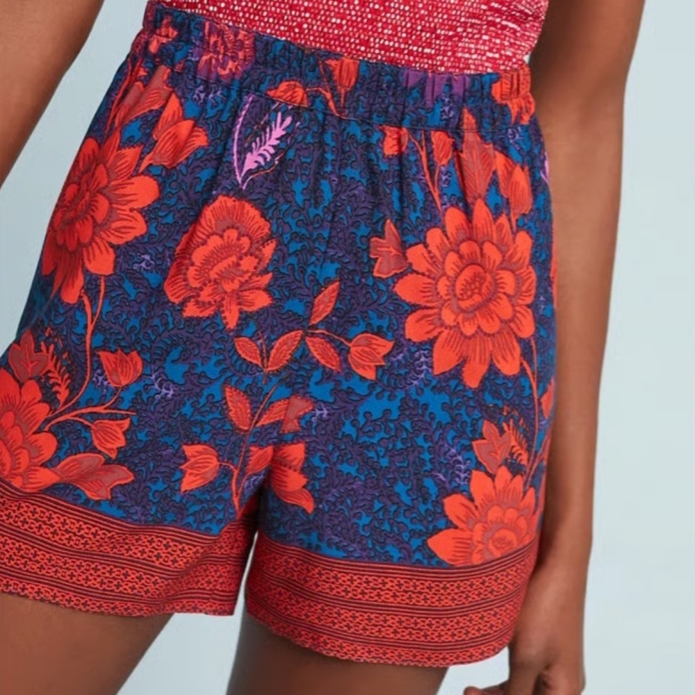 Anthropologie Red and Blue Floral High Waist Shorts